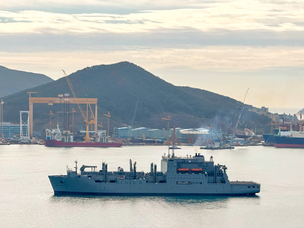 USNS Wally Schirra (T-AKE 8) departs Hanwha Ocean shipyard after a seven-month overhaul at Gyeongsangnam-do, Republic of Korea, March 12, 2025. (Courtesy photo)