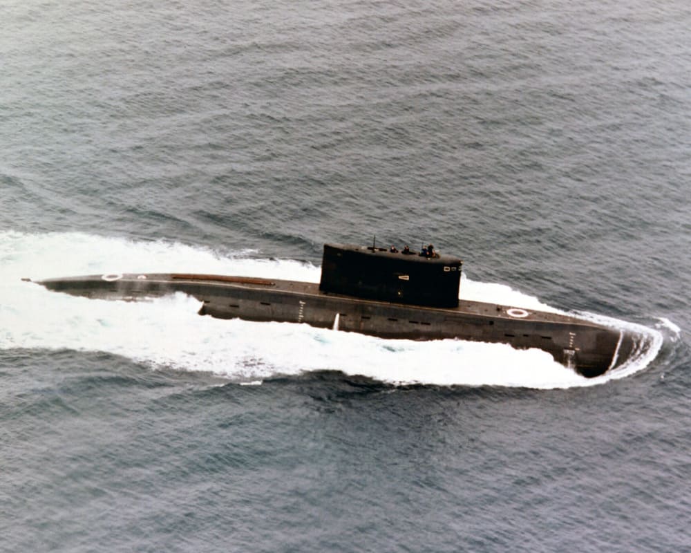 A starboard beam view of a Soviet Kilo class patrol submarine underway