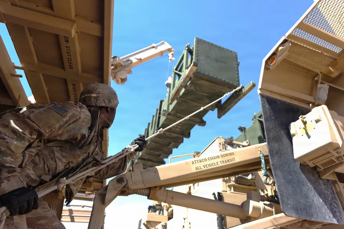 A US Army Air Defense Artilleryman re-loads a MIM-104 Patriot missile launcher in the CENTCOM area of responsibility, 29 April 2026