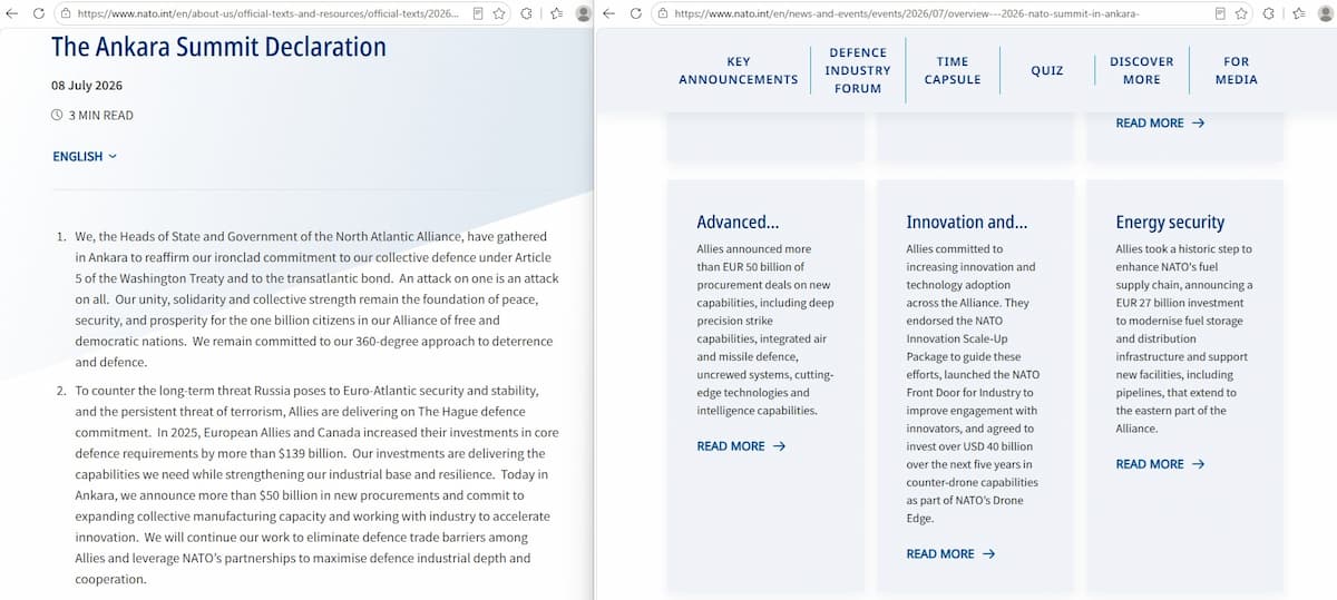 Three cards on NATO's summit overview page: advanced capabilities citing more than EUR 50 billion of procurement deals, innovation and technology citing over USD 40 billion for counter-drone capabilities, and energy security citing EUR 27 billion for fuel infrastructure