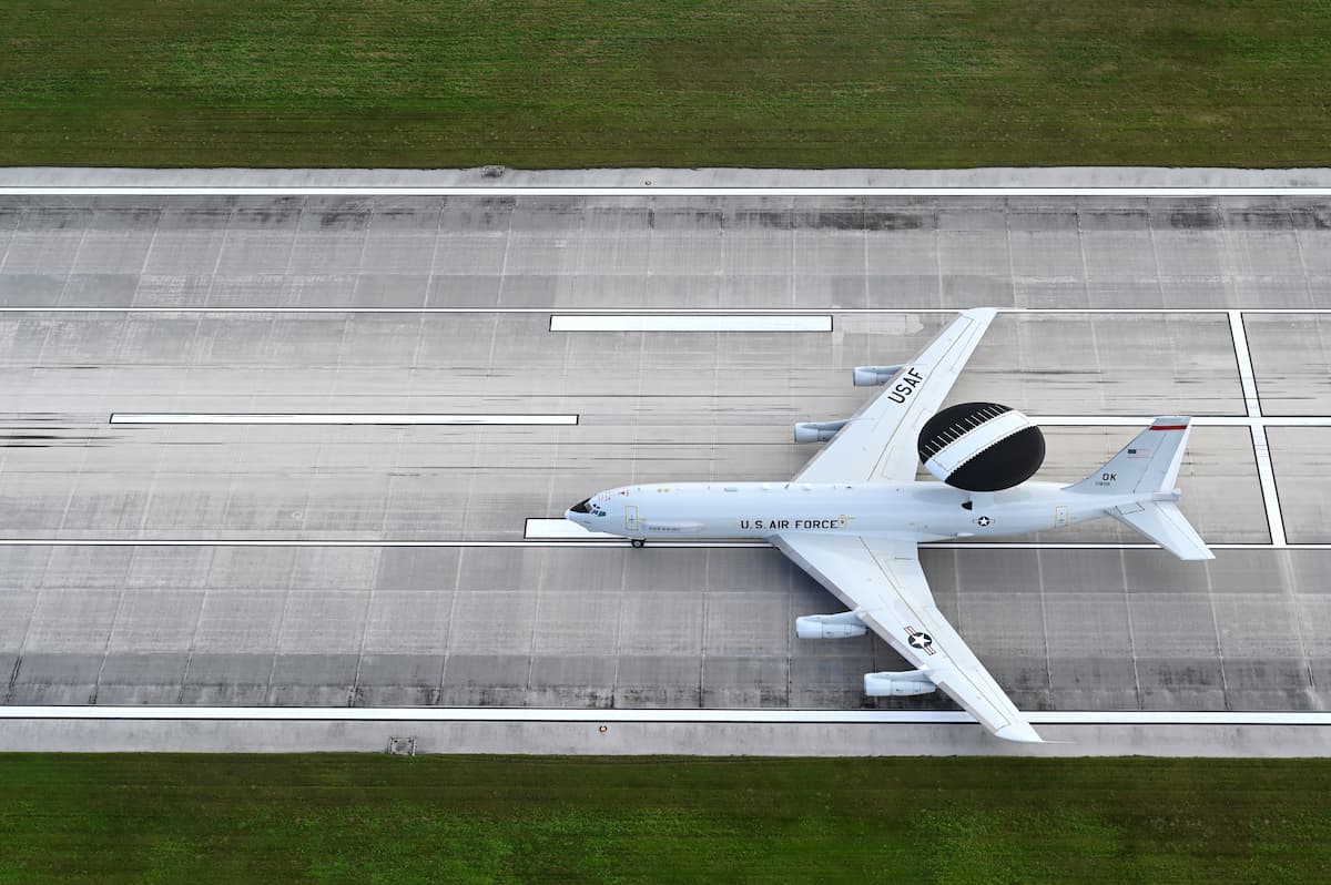 A U.S. Air Force E-3 Sentry taxis during a multinational elephant walk at Andersen Air Force Base