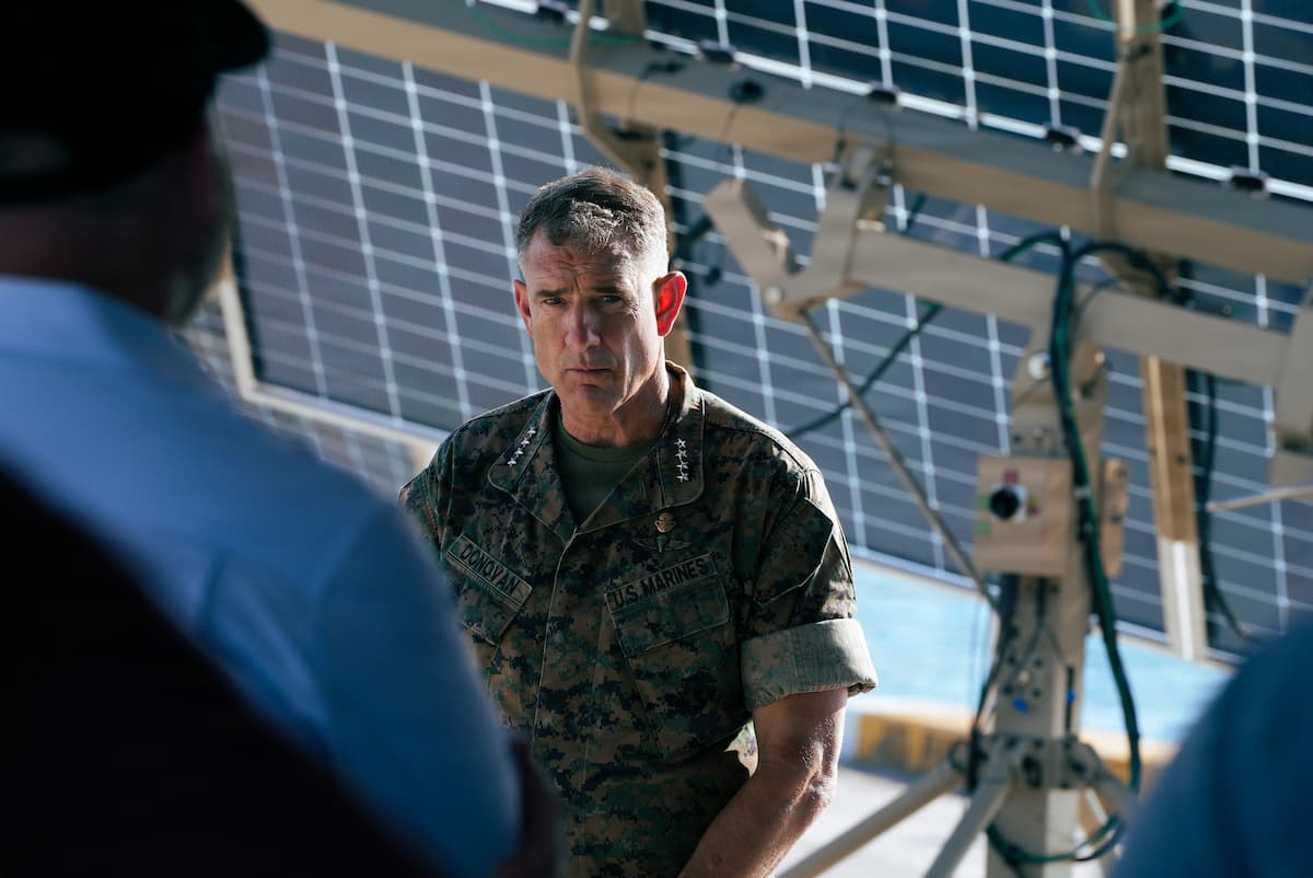 Marine Corps Gen. Francis L. Donovan watches a demonstration of an unmanned system during the FLEX 2026 exercise