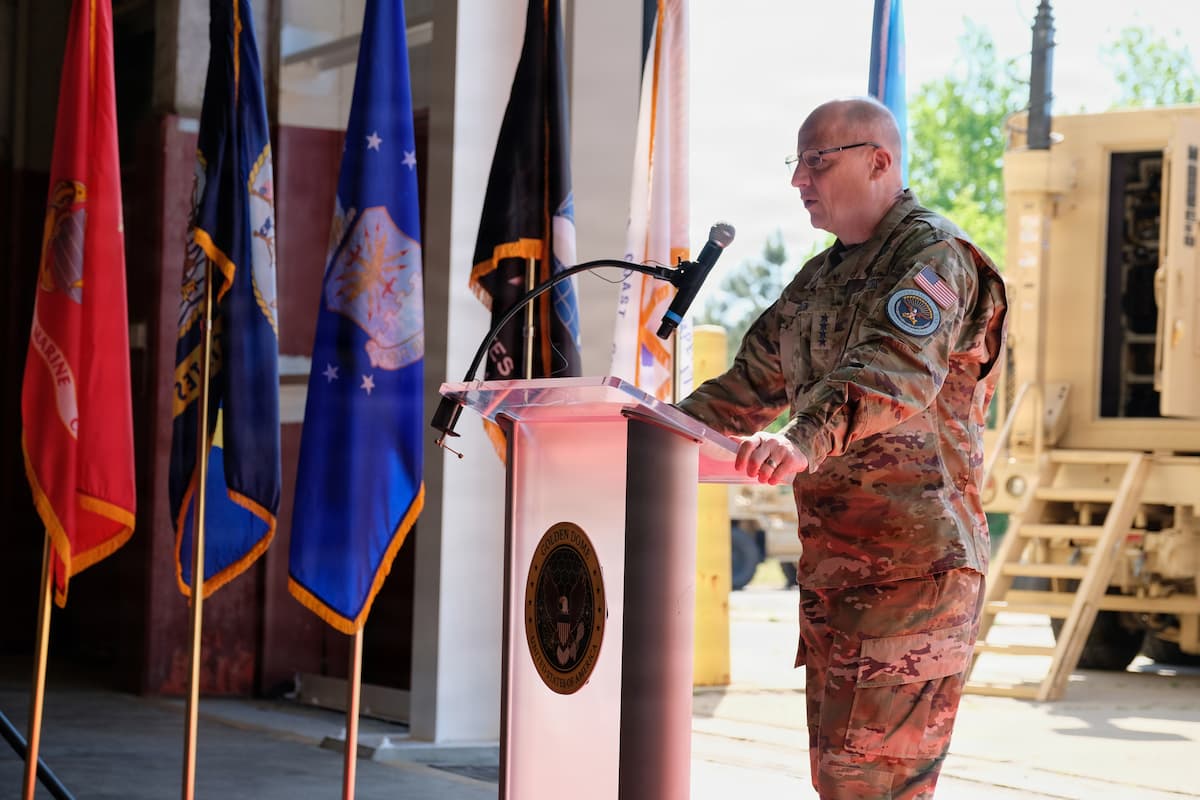 Gen. Michael A. Guetlein speaks at a podium during a Golden Dome for America event