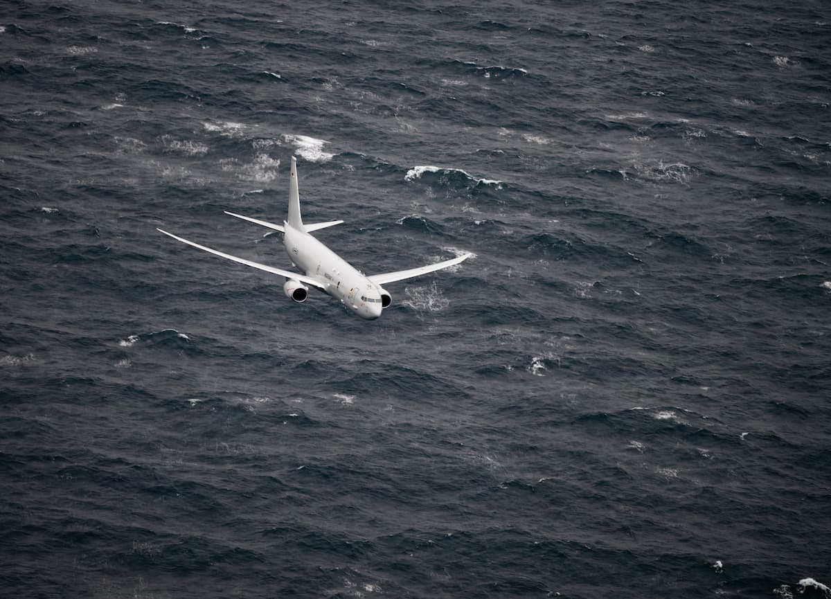 A German Navy P-8A Poseidon maritime patrol aircraft in flight over the North Atlantic