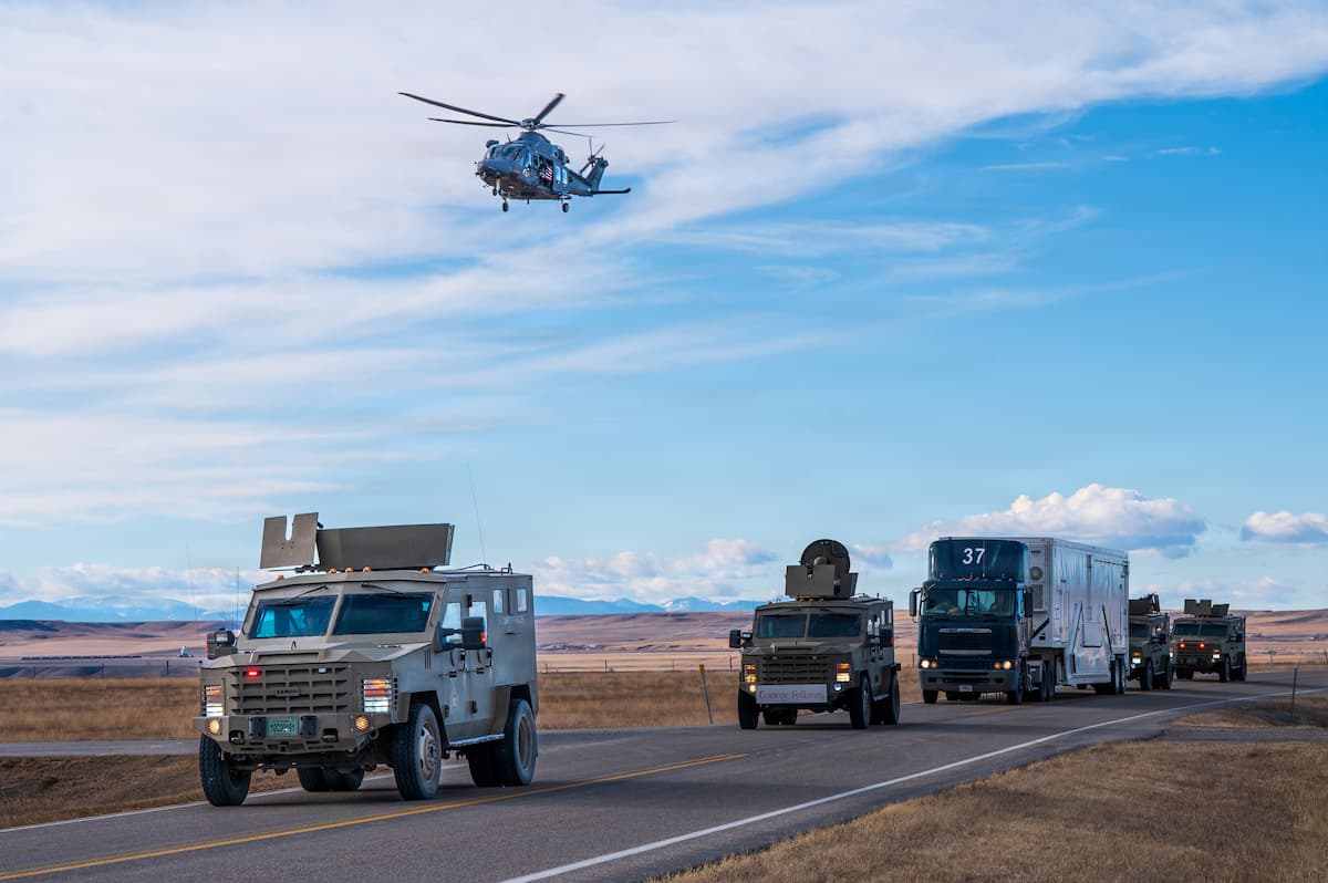 An MH-139A Grey Wolf flies alongside a missile security convoy at Malmstrom Air Force Base