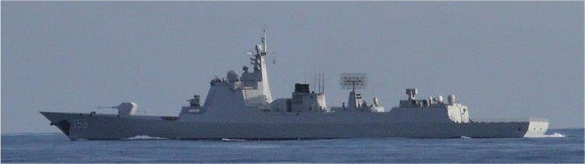 Side view of a gray Chinese Navy Type 052D guided-missile destroyer with hull number 159 at sea, showing its forward superstructure, gun and masts.
