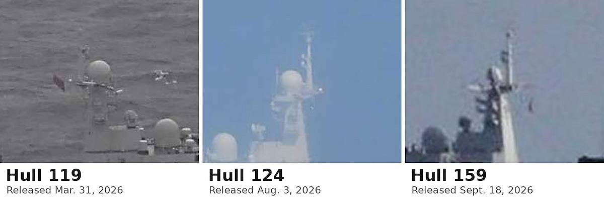 Three enlarged close-ups of Type 052D destroyer foremasts side by side: hulls 119 and 124 each show a large spherical radome, while hull 159 shows a slender mast without the large dome.