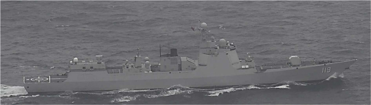 Side view of Chinese Navy Type 052D destroyer hull 119 on a gray sea, with a large spherical radome at the top of its foremast.